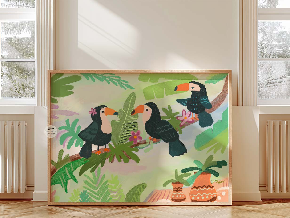 Three cheerful toucans perched among jungle foliage, versatile wall art for home decor.