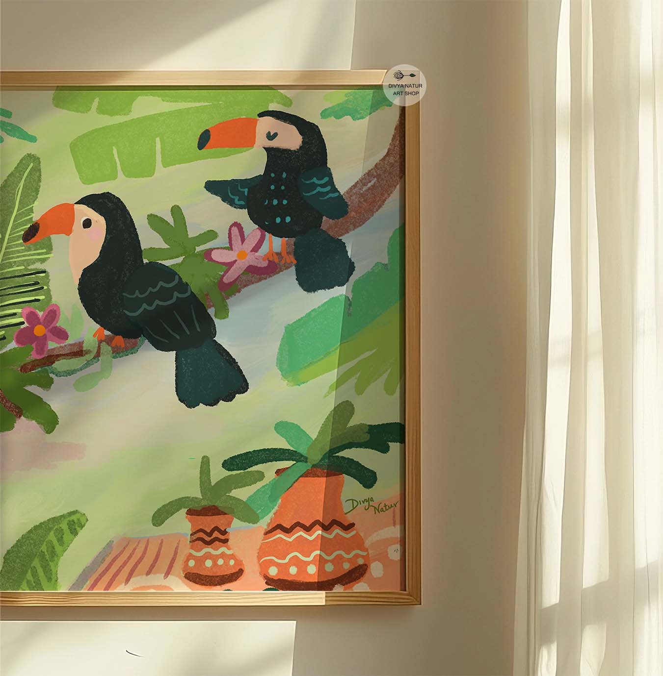 Tropical-themed artwork with toucans, suitable for living rooms, kids&#39; rooms, or offices