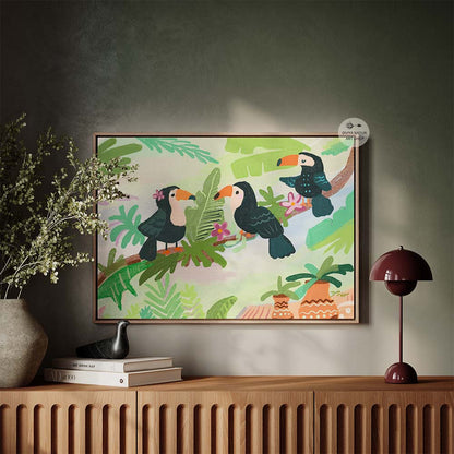 Lush jungle scene with three toucans, perfect for tropical or nature-themed decor.