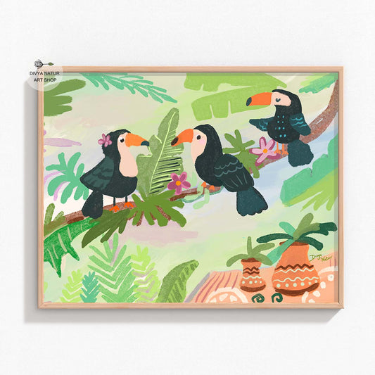 Vibrant art print of three toucans in a lush jungle, perfect for home or office decor.