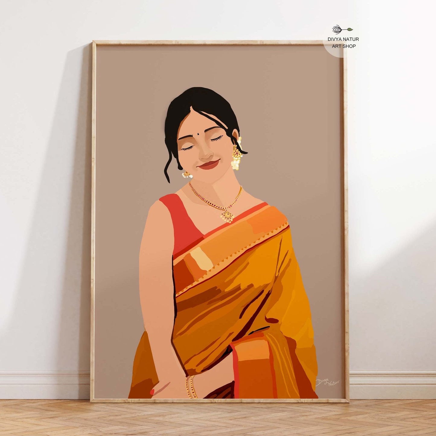 Traditional Indian artwork of a woman in an orange saree, perfect for ethnic decor lovers