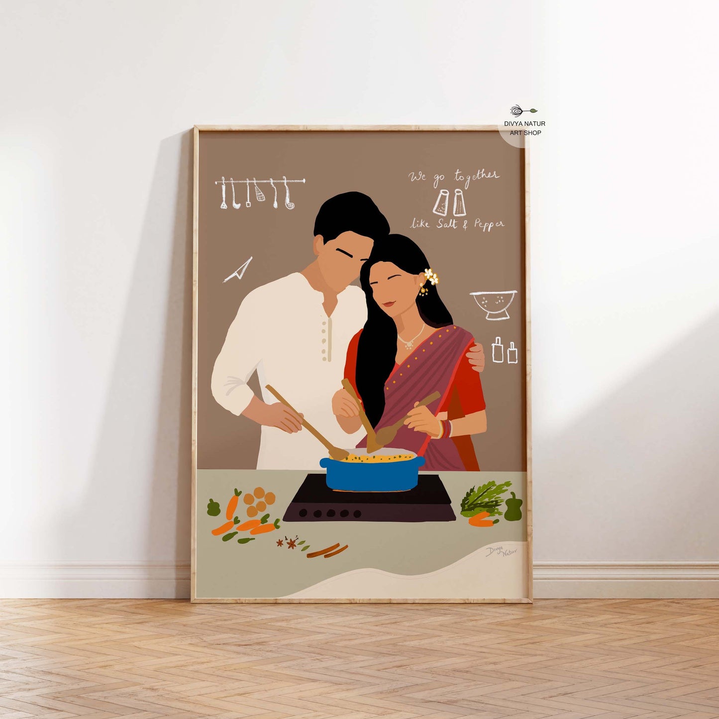 Romantic Indian couple cooking together painting