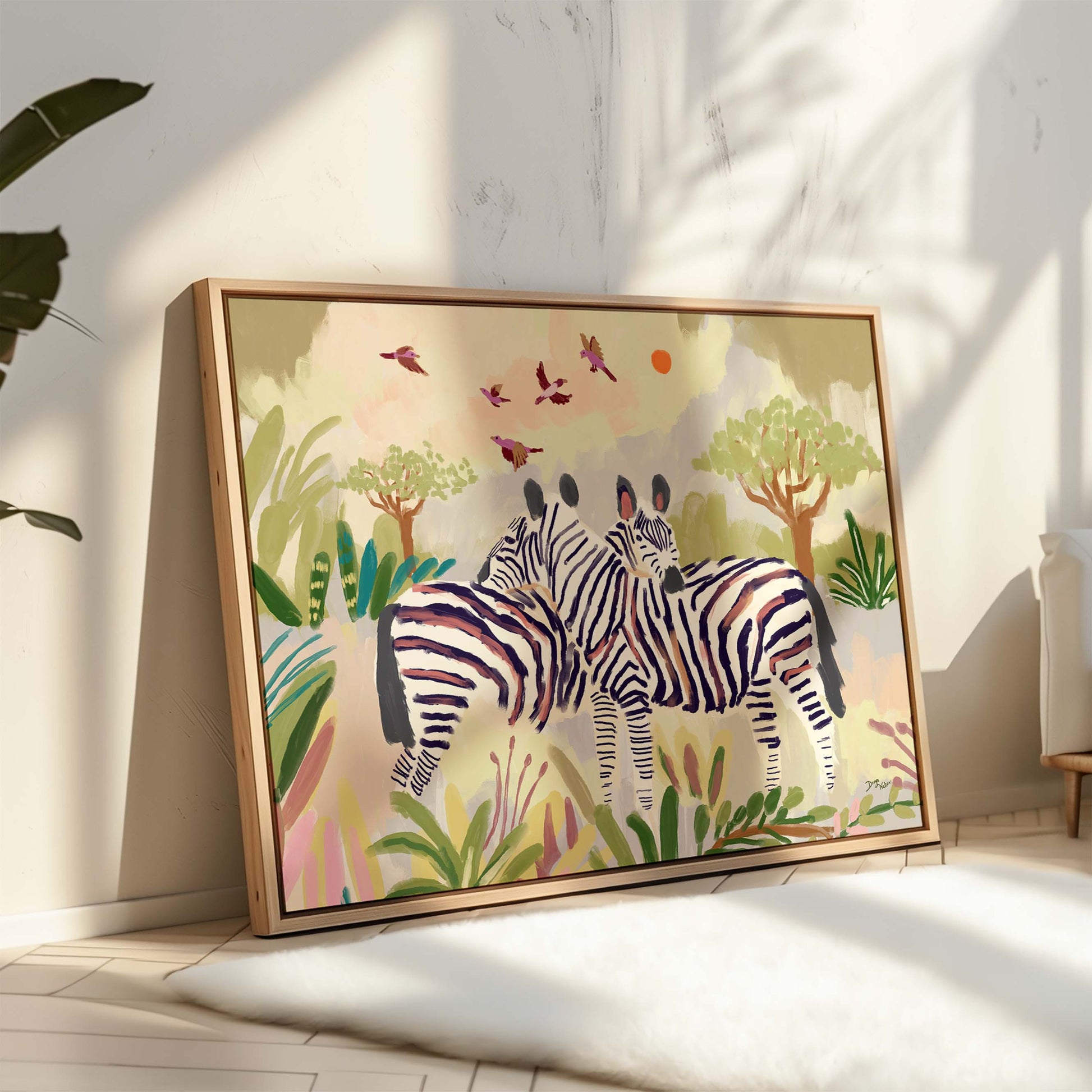 Beautiful zebra artwork showcasing bold stripes against a pastel sky.