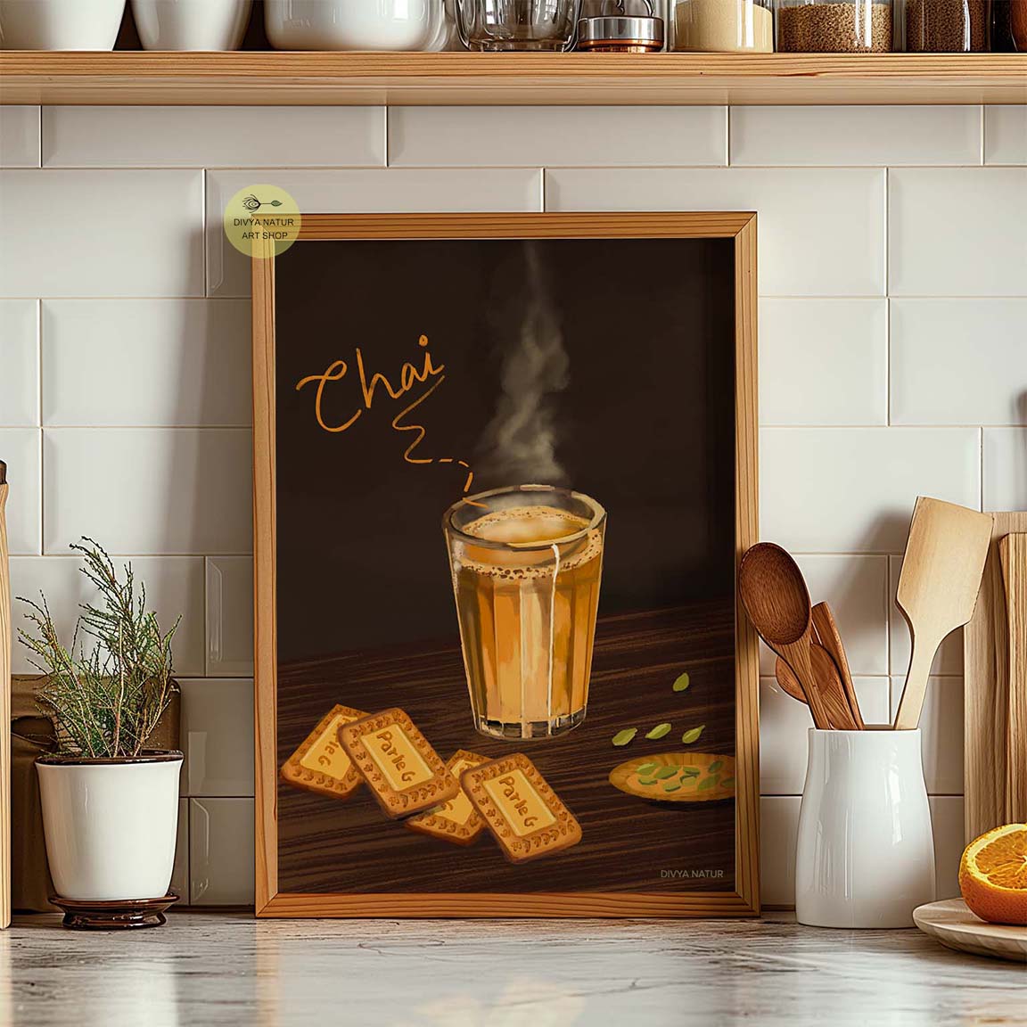 Hand-painted artwork of Indian chai with cultural motifs.