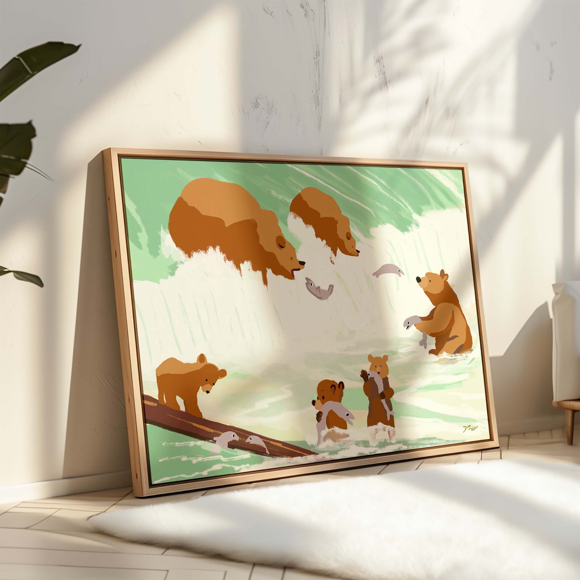 Charming woodland artwork featuring bears fishing by a waterfall.