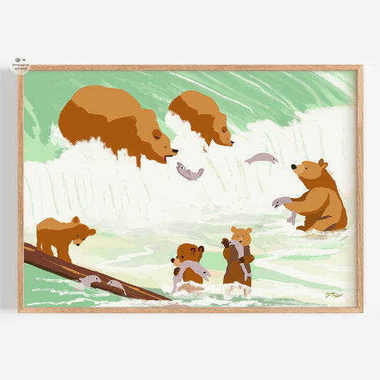 Nature-inspired bear painting with a fun, playful family of bears.
