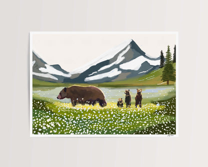 Wildlife painting of a bear family under a cold, mountainous sky.