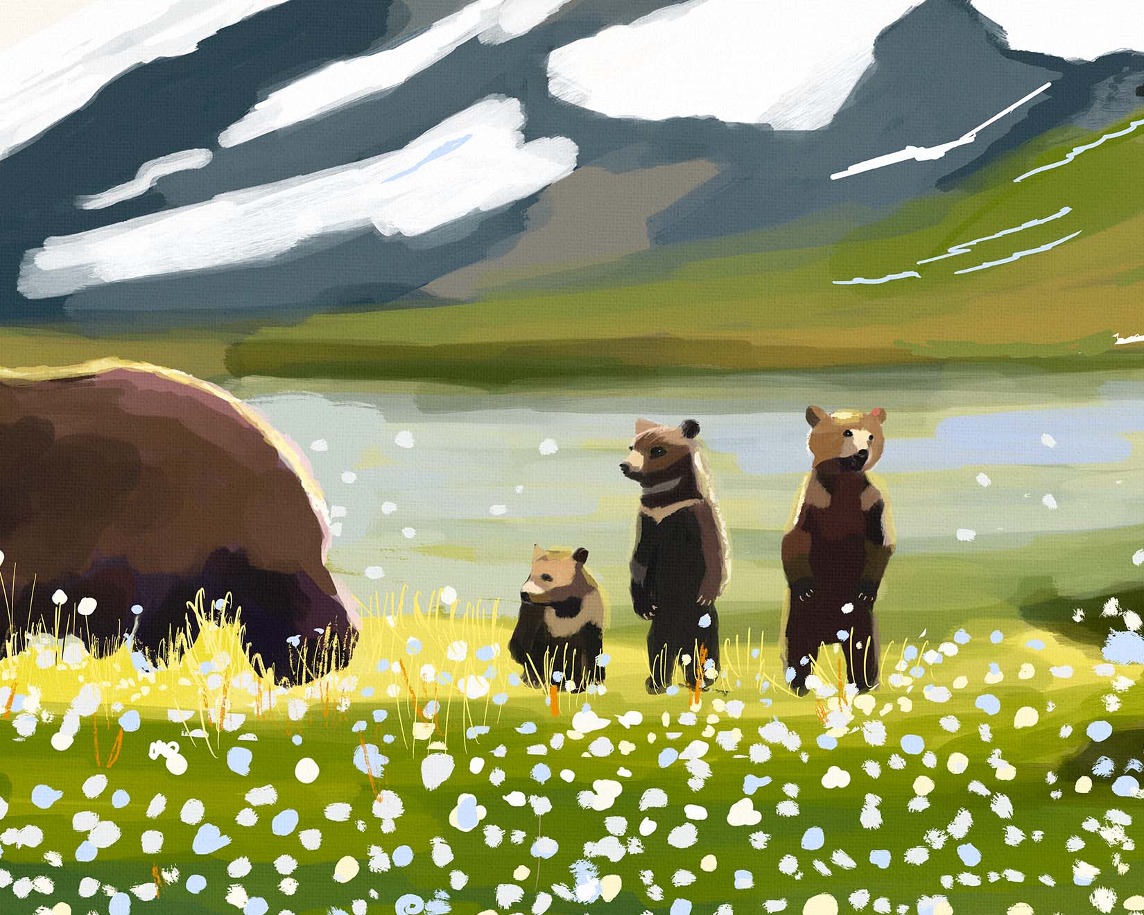 
Three playful bear cubs exploring a flower-filled meadow with their mother.