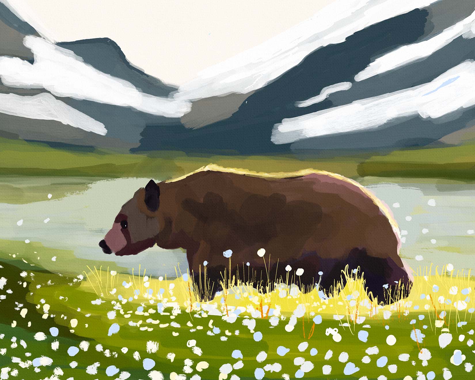 Digital art of a bear family with snow-covered peaks in the distance.