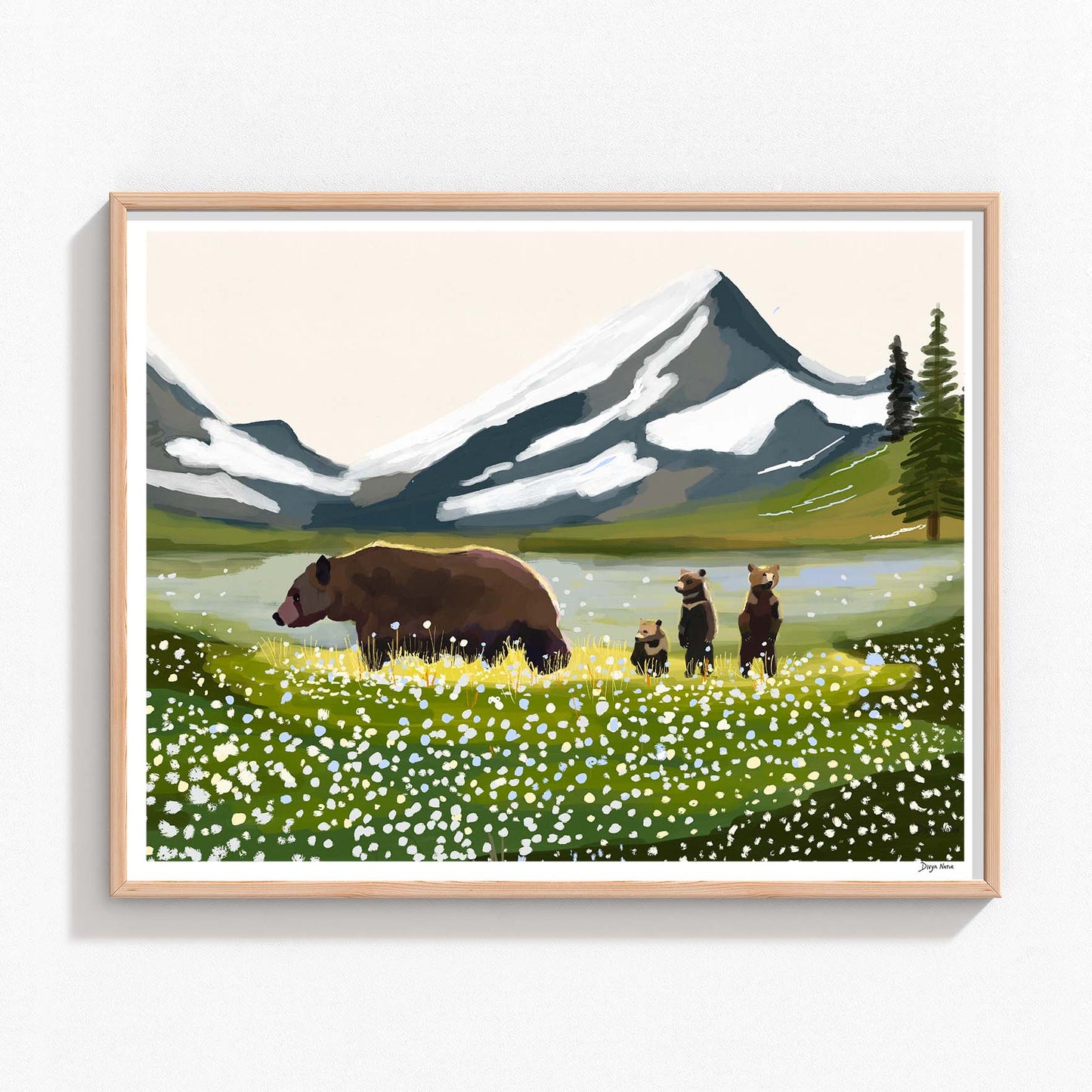 Mother bear with three curious cubs in a lush green meadow.