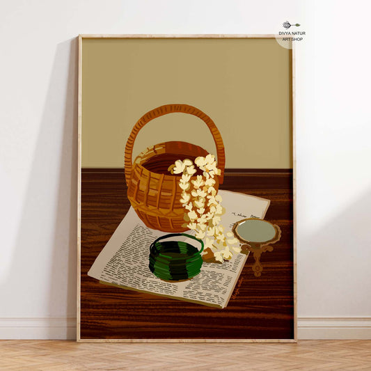 Digital Indian still life art featuring a wicker basket with jasmine flowers.