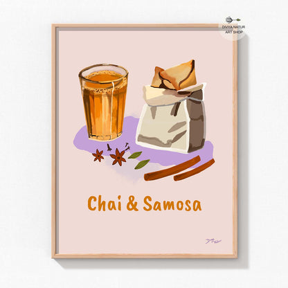 Illustration of a steaming cup of chai with a golden samosa on a plate, capturing an Indian tea-time scene