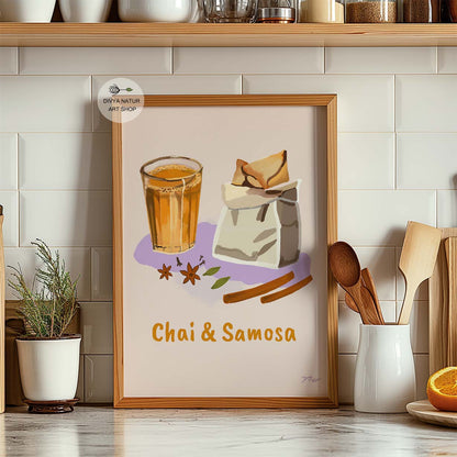 Charming digital illustration of chai with samosa, highlighting the flavors of Indian tea time