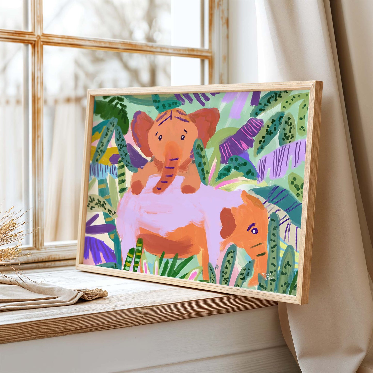 Vibrant jungle art with playful baby elephants, ideal for animal lovers.
