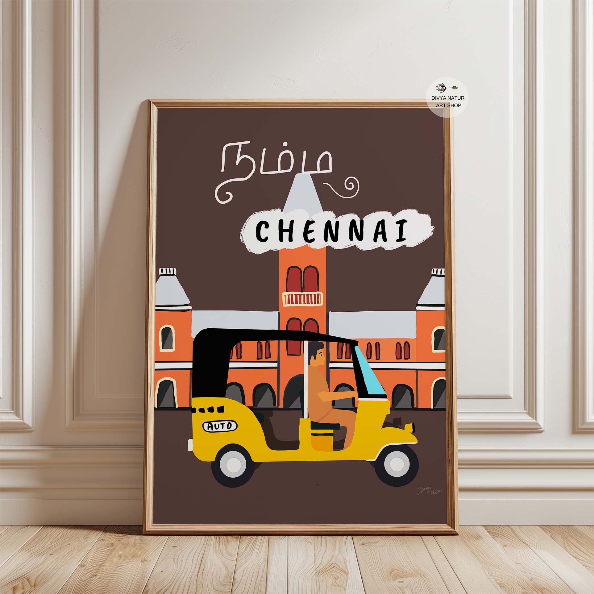 Traditional South Indian auto rickshaw art featuring Chennai’s Central Railway Station.