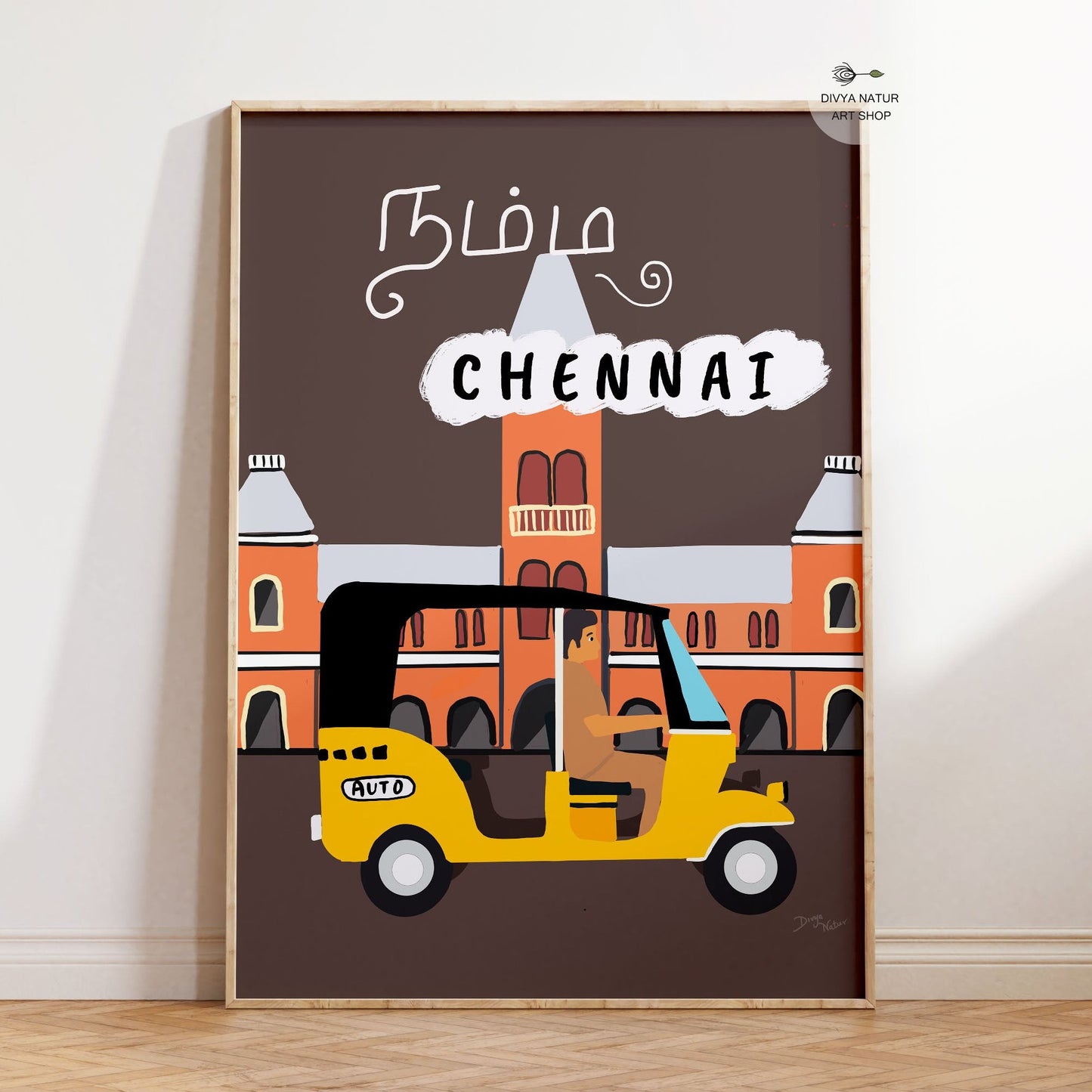 Art print of a yellow auto rickshaw in front of Chennai Central Railway Station.