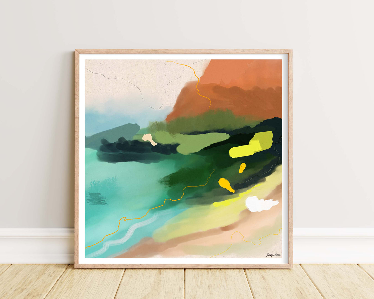 Bold and vibrant canyon and river artwork inspired by wilderness exploration.