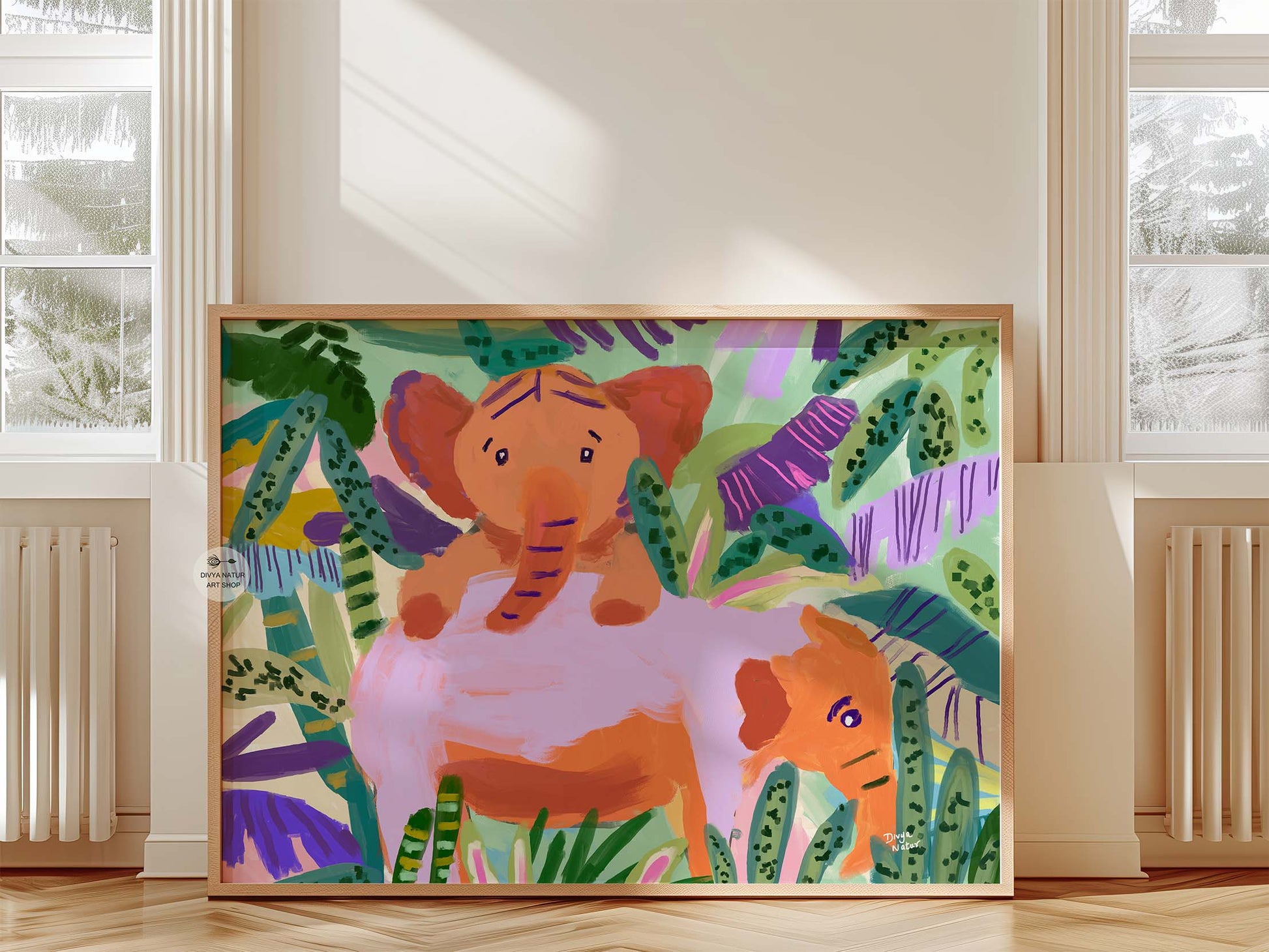 Baby elephants art piece adding warmth and joy to nursery or kid’s decor.