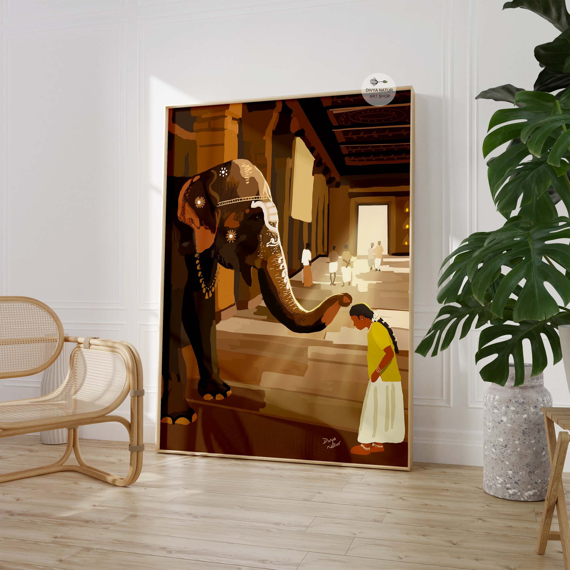 Cultural artwork of an elephant blessing a girl at an Indian temple.