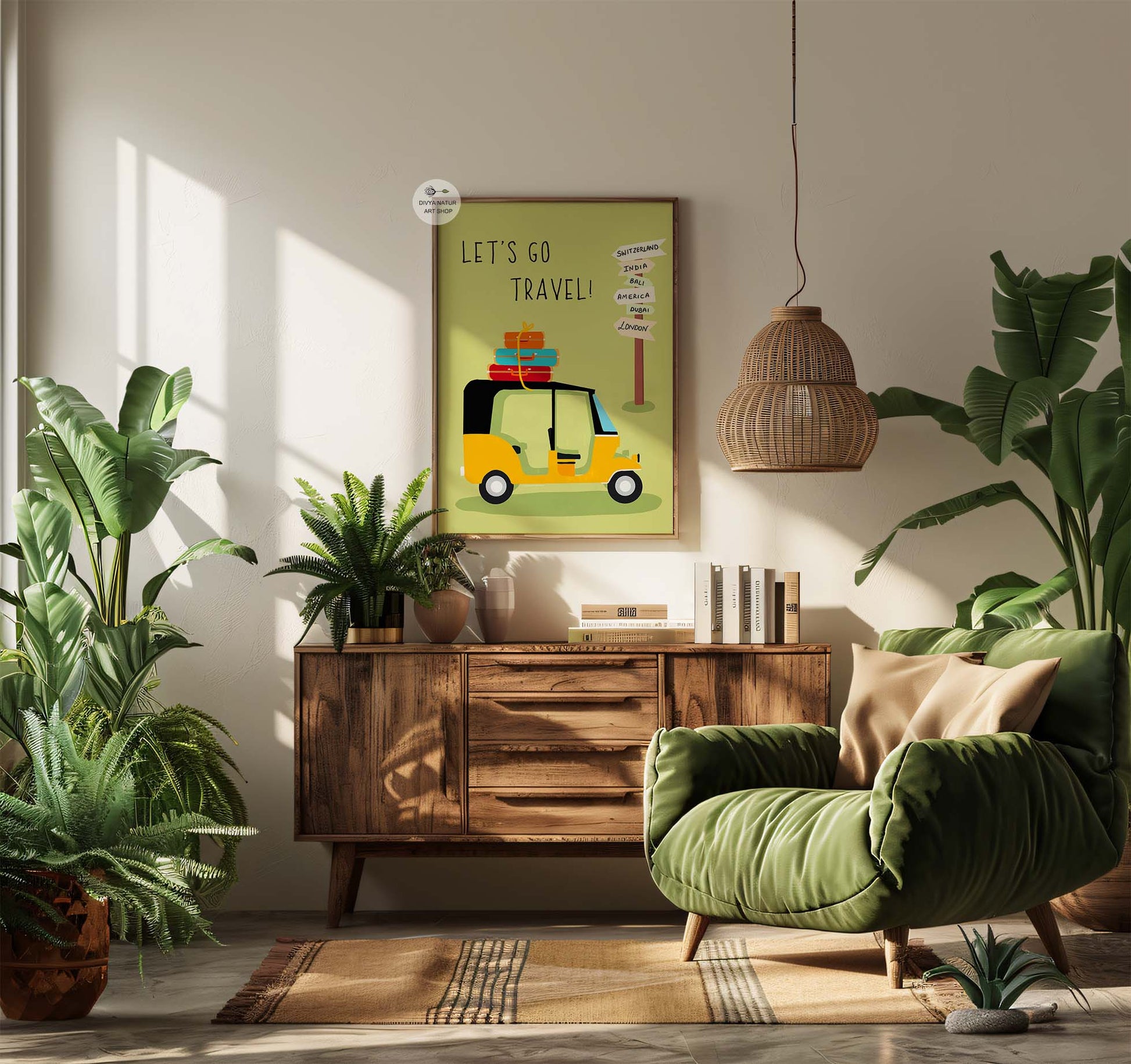 Fun travel wall decor featuring a suitcase-packed rickshaw.