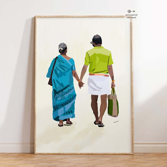 Elderly Indian couple holding hands in a vibrant digital painting, ideal for gifts and decor