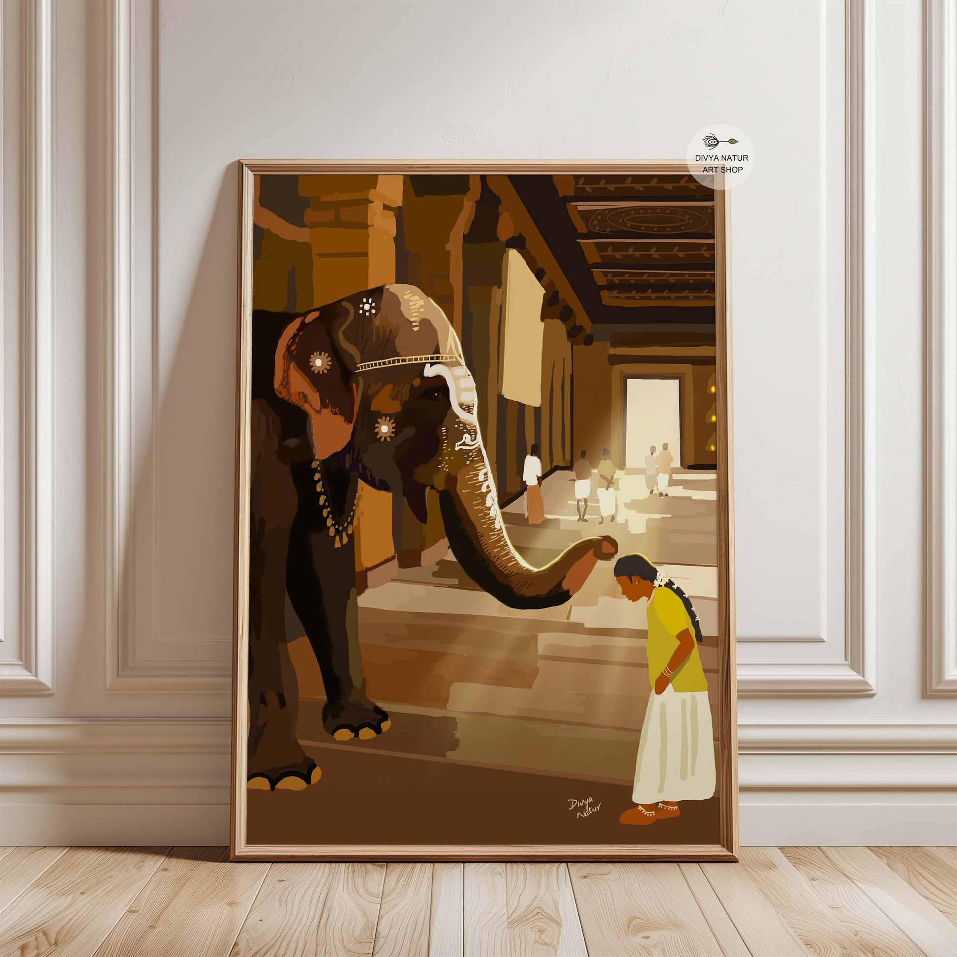 Art print of a temple elephant bestowing blessings upon a young girl.