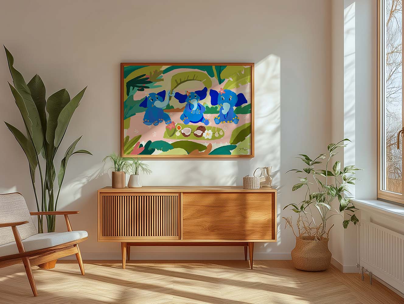 Blue elephants in a tropical jungle setting, whimsical nursery wall art