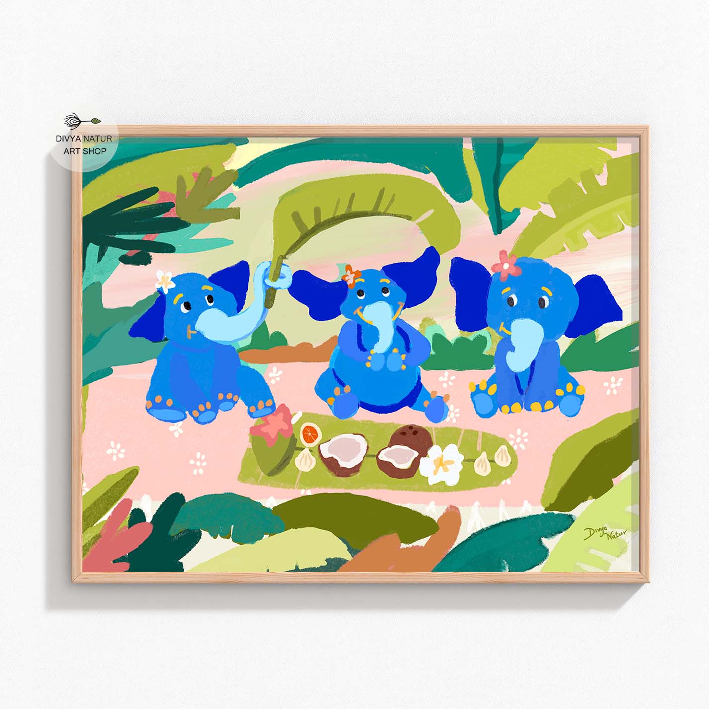 Blue elephants in a tropical jungle setting, whimsical nursery wall art