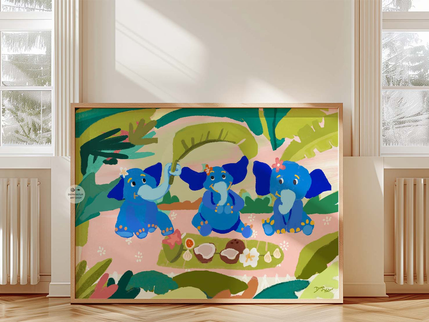 Cute animal painting with blue elephants for kids room decor