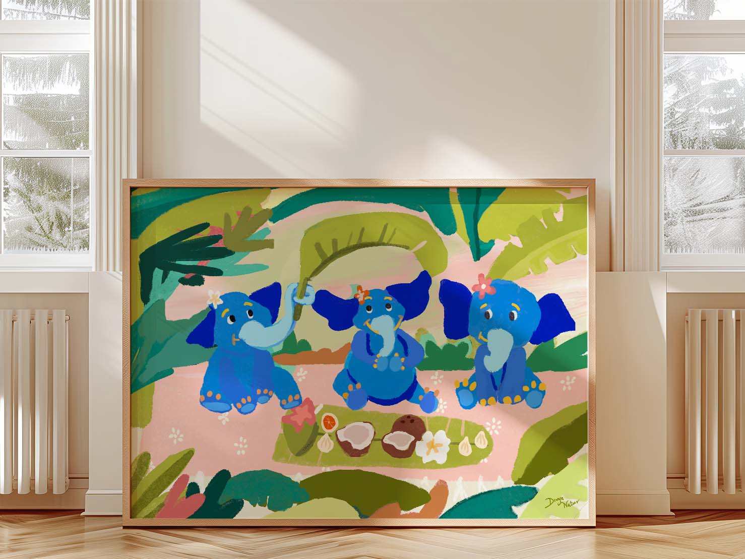 Playful blue elephant art print, perfect for jungle-themed nurseries