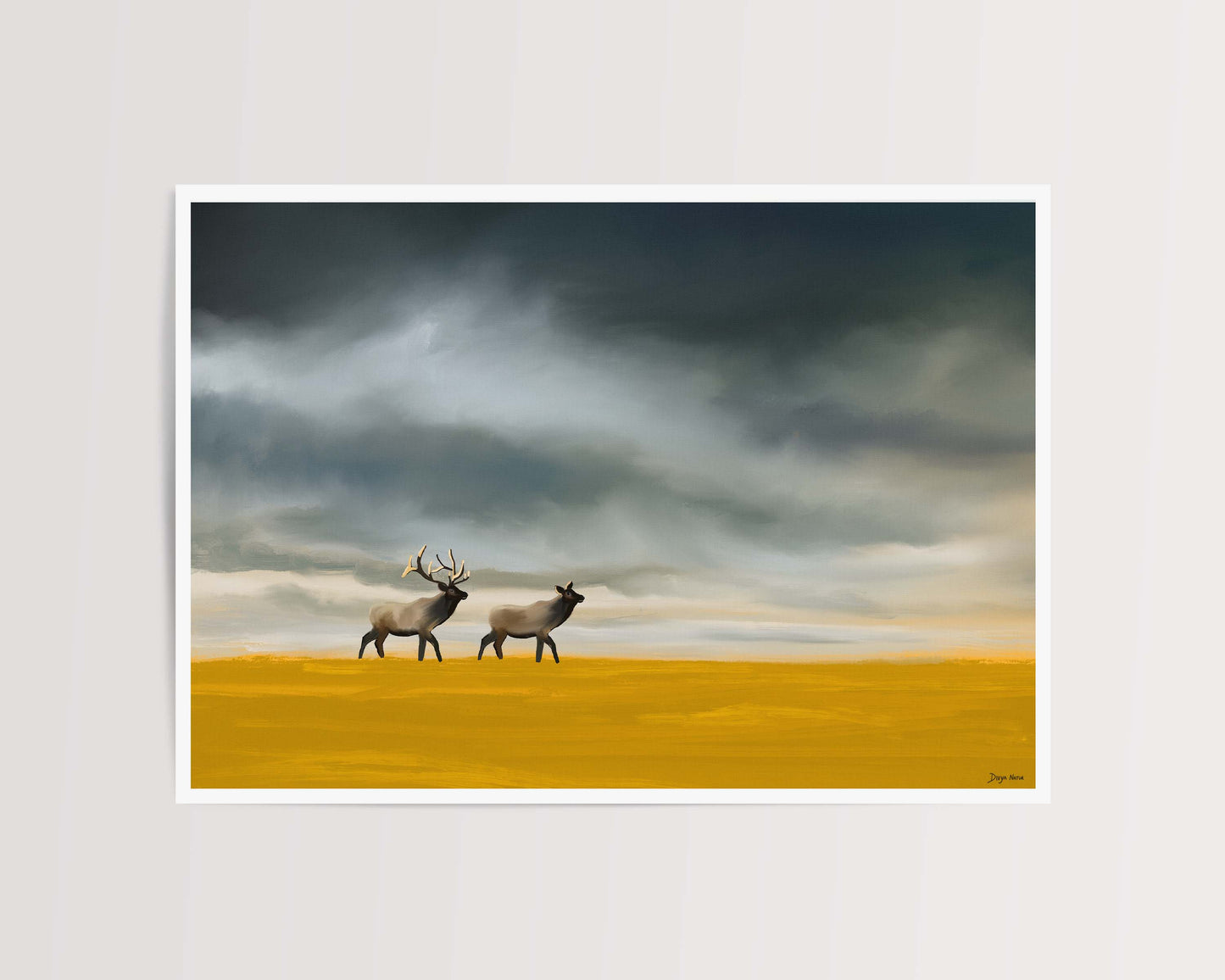 Handmade digital painting of elks in a serene wilderness.