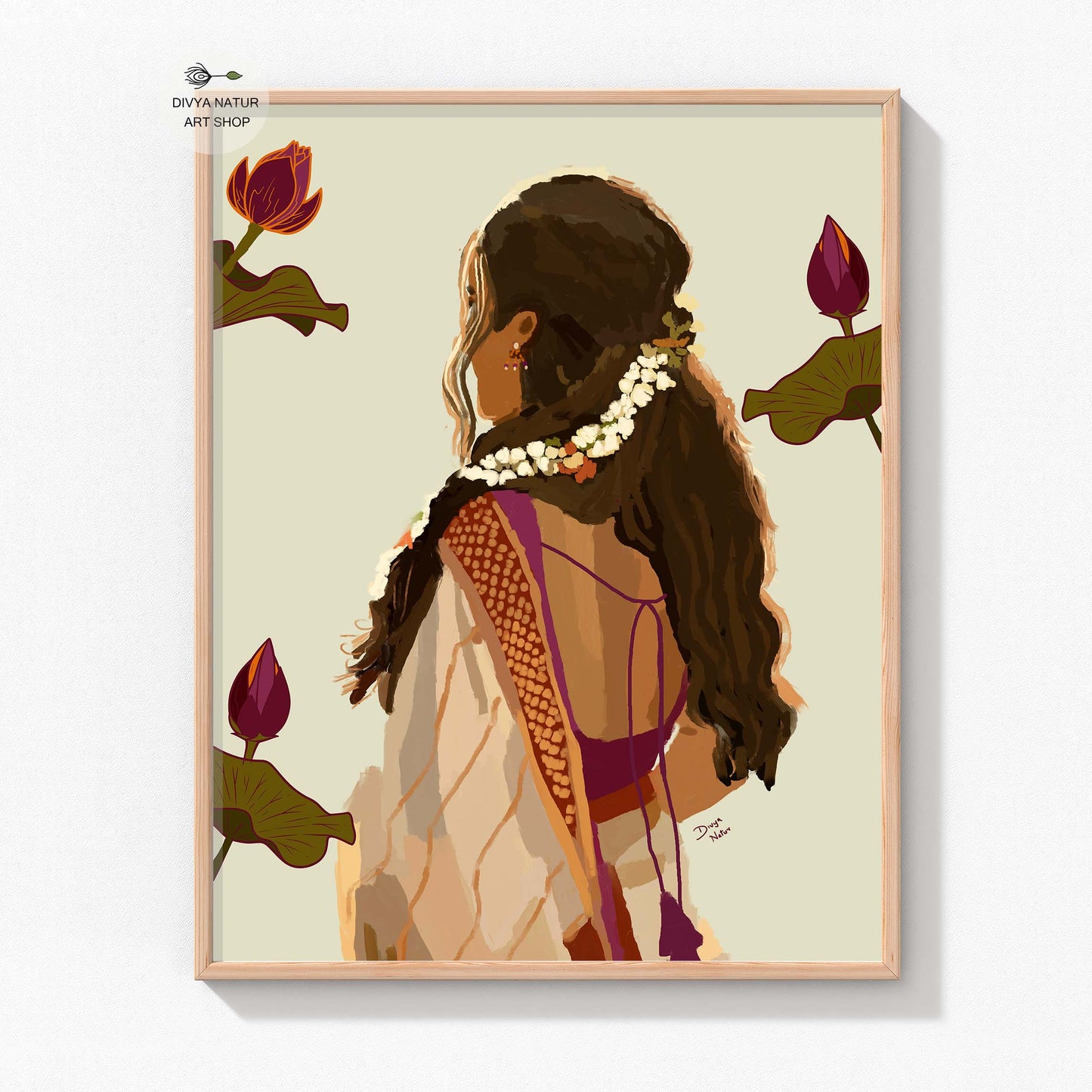 Indian cultural art print featuring a woman with jasmine flowers in her hair.