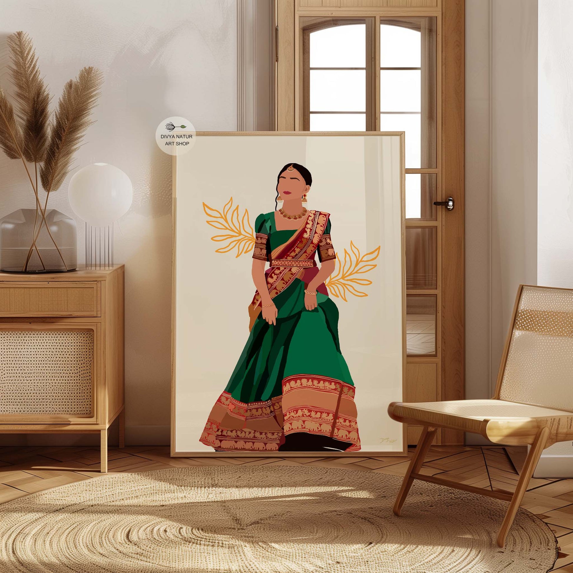 Wall decor featuring Indian woman in festive saree.