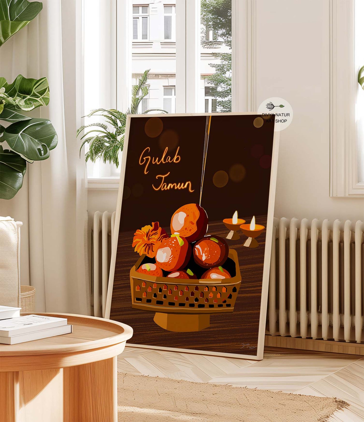 Indian dessert painting with vibrant Gulab Jamuns in a decorative bowl.