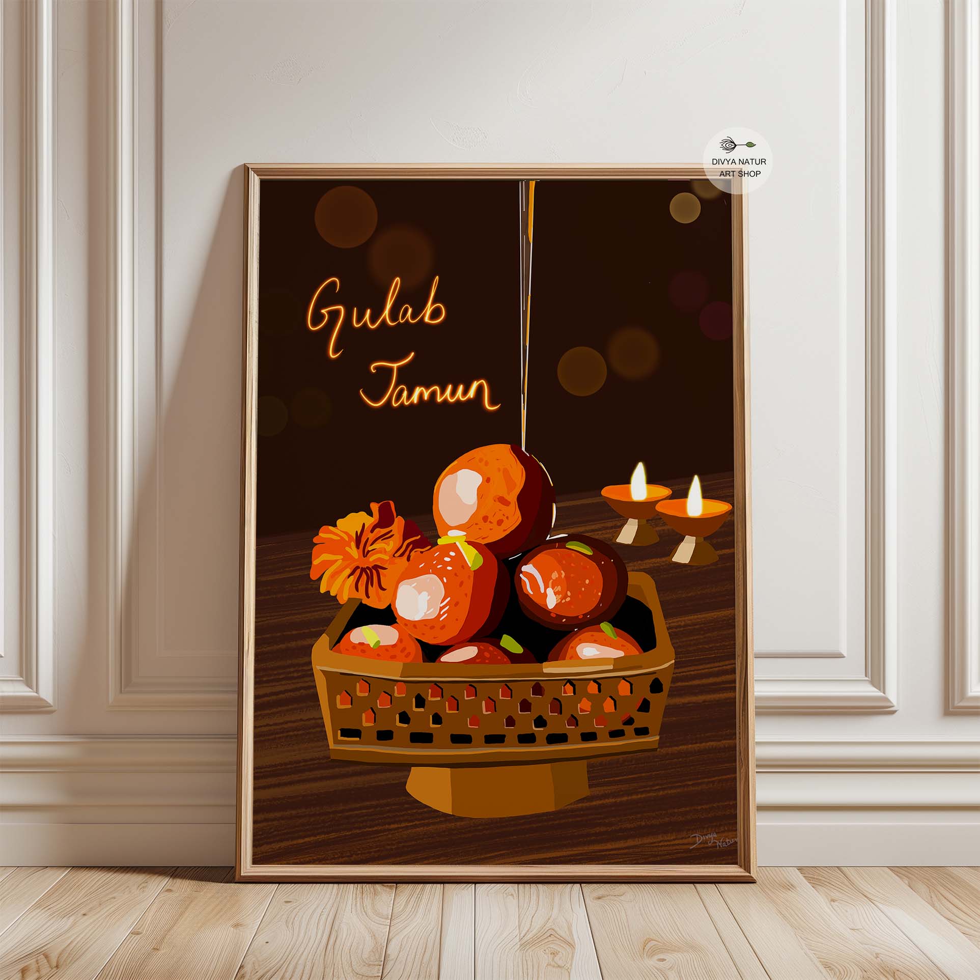 Handmade painting of Gulab Jamun soaked in syrup for kitchen decor