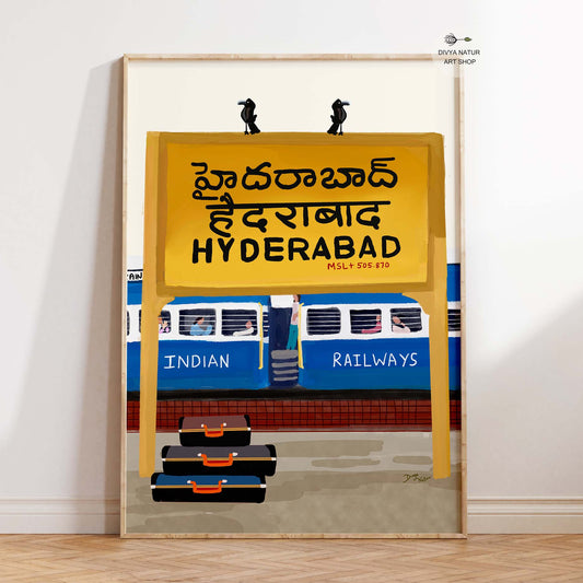 Digital art of Hyderabad railway station signboard in Telugu, Hindi, and English.
