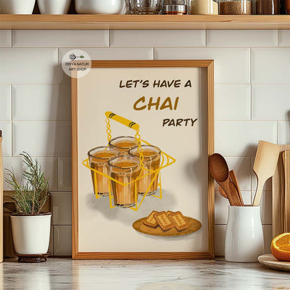 Artistic depiction of a tea gathering with four cups of chai.