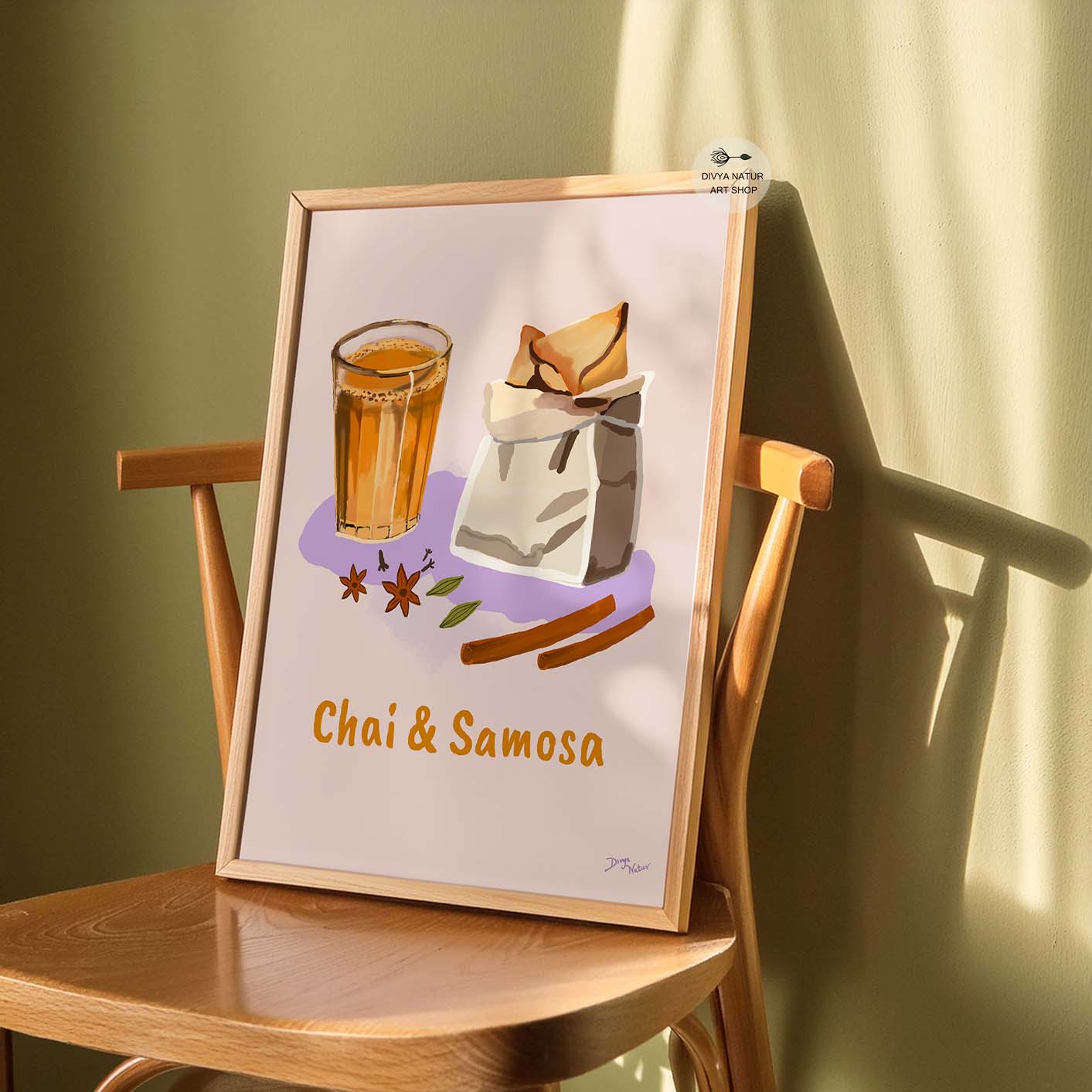 Vibrant artwork featuring chai and samosa, perfect for kitchen or café decor