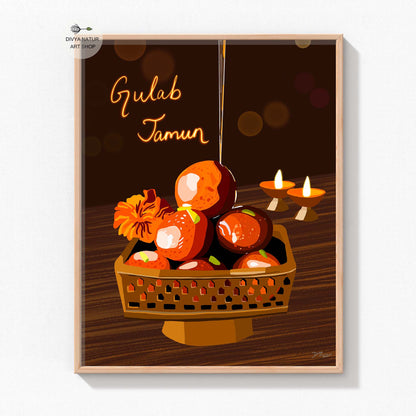 Traditional Indian food art featuring the famous dessert Gulab Jamun