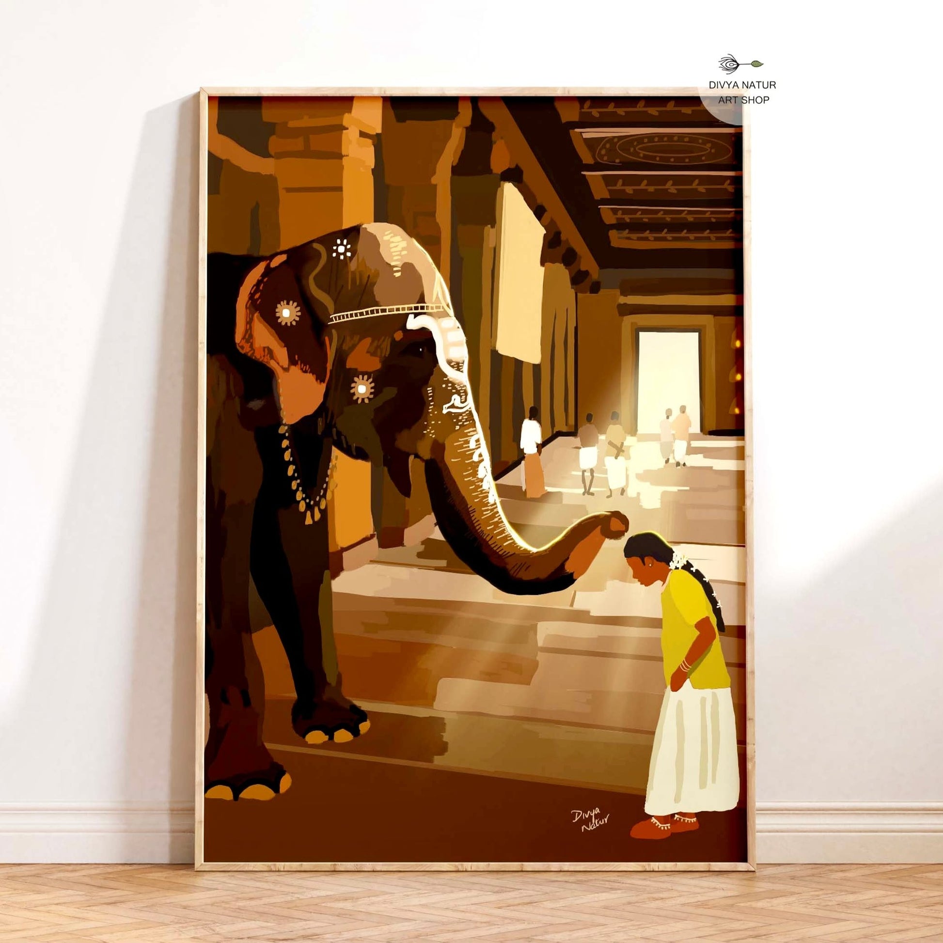 Indian temple elephant blessing a young girl in a spiritual art print.