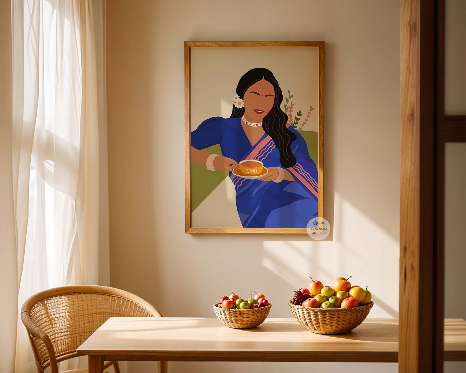 Vibrant chai art print in blue saree, perfect for kitchens and living rooms.