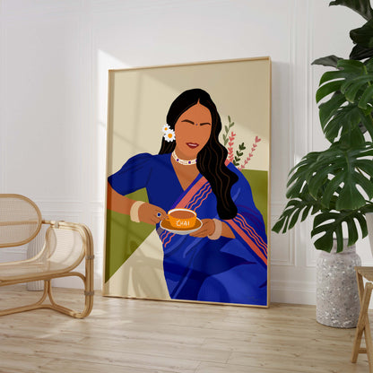 Indian culture art of a woman with chai, perfect for cafes and homes.