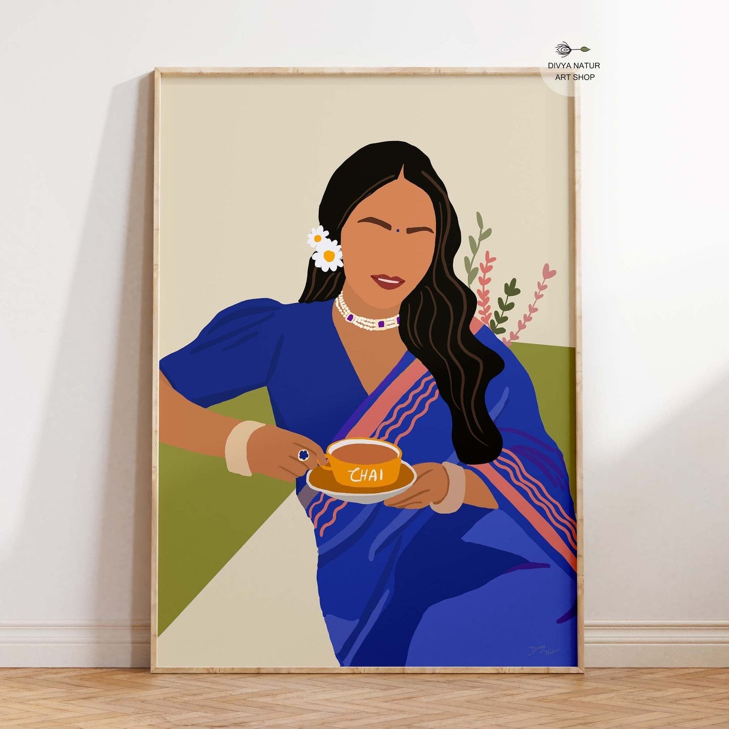 Indian woman in a blue saree holding a cup of chai, vibrant art print.