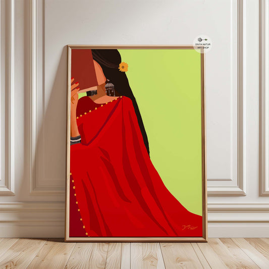 Indian woman in red saree reading a book painting.