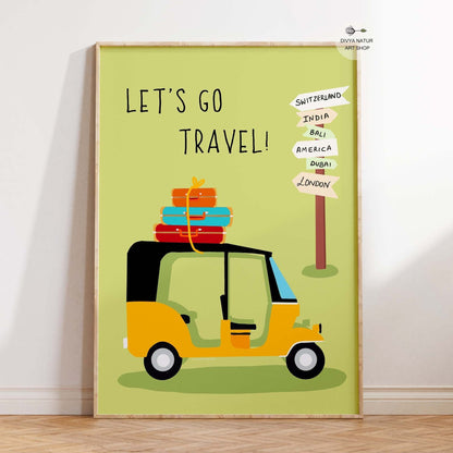 Playful "Let's Go Travel" poster featuring a yellow rickshaw and suitcases.