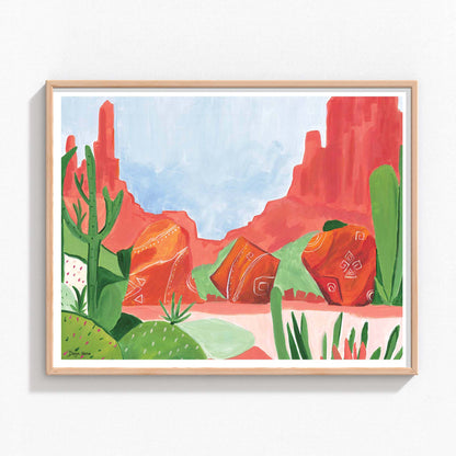 Abstract canyon painting with vibrant desert hues.