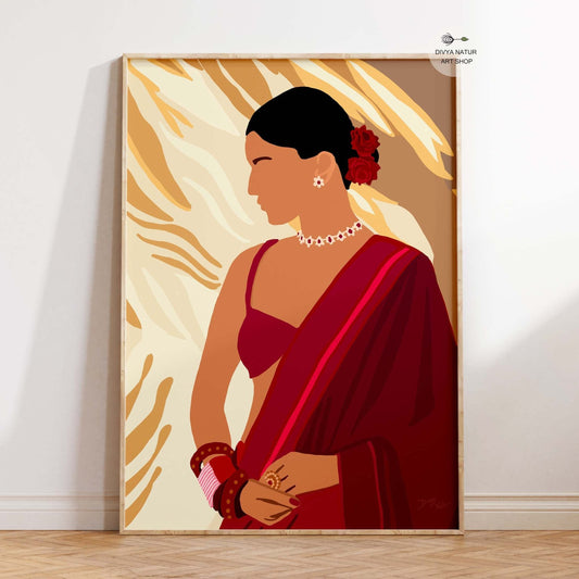 Minimalist digital art of a woman in a red saree with delicate details.