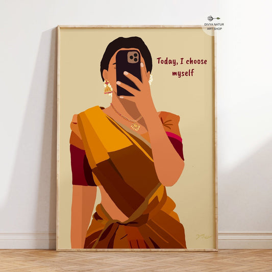 Empowerment art print of a modern Indian woman in a saree taking a selfie.