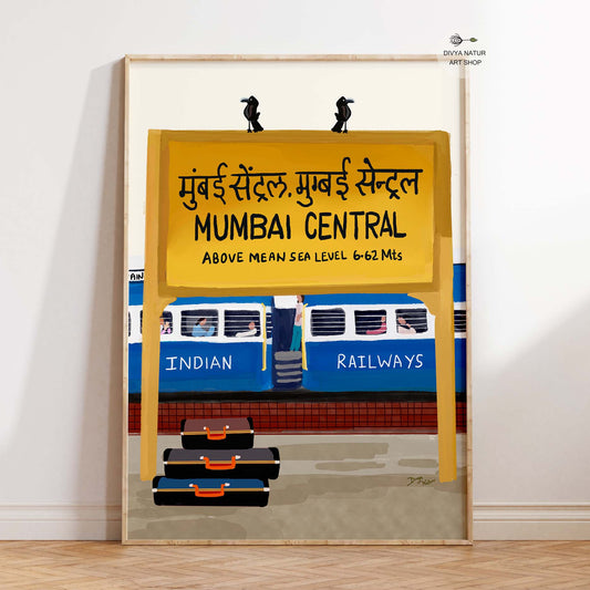 Digital painting of Mumbai Central Railway Station signboard in Marathi, Hindi, and English.