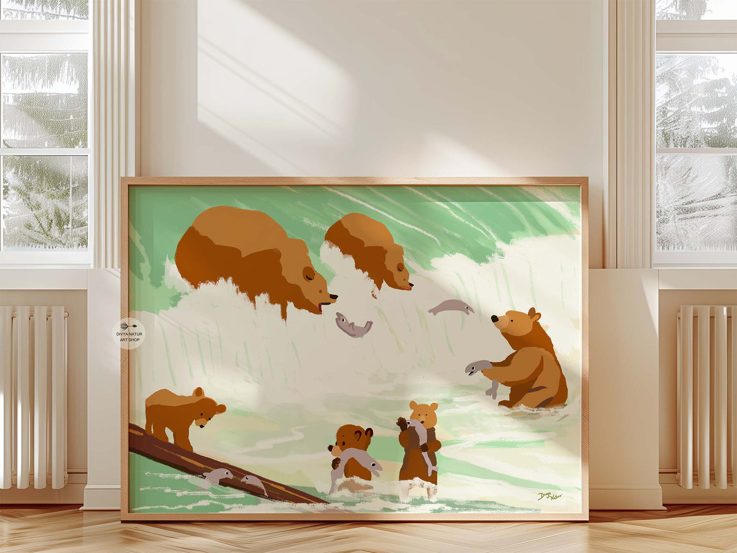 Bear cubs and parents having fun by the waterfall in this woodland scene.